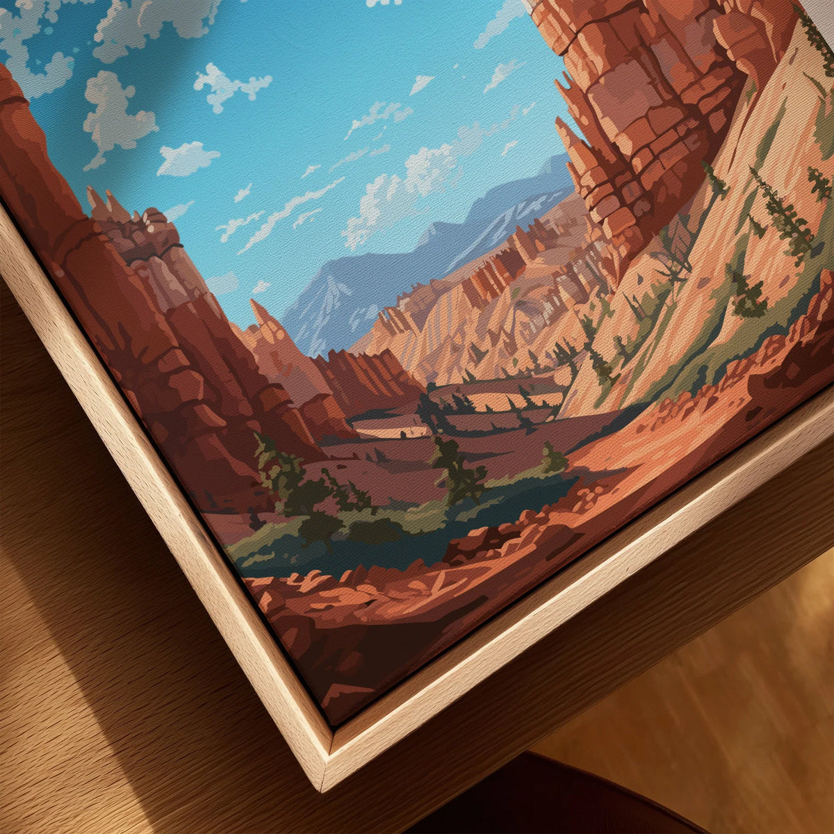 Bryce Canyon wall art print in natural wood floating frame, red rock landscape closeup