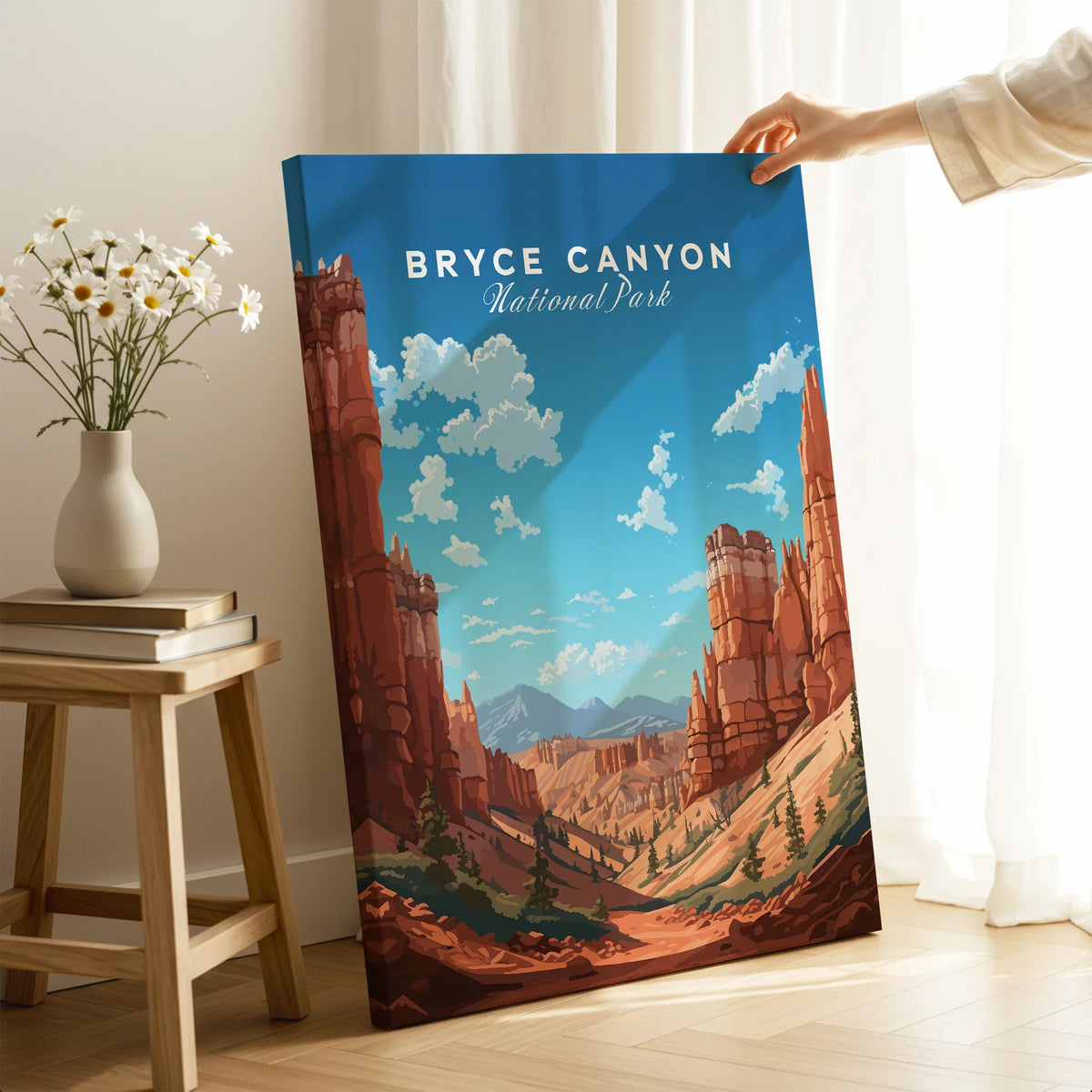 Bryce Canyon National Park wall art print featuring red rock formations in a modern room setting