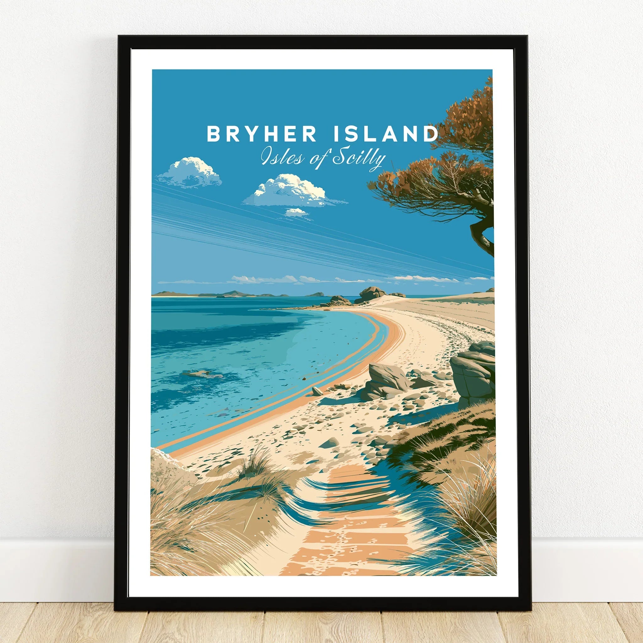 Bryher Isles of Scilly Beach Travel Poster — art print in black frame on wooden floor