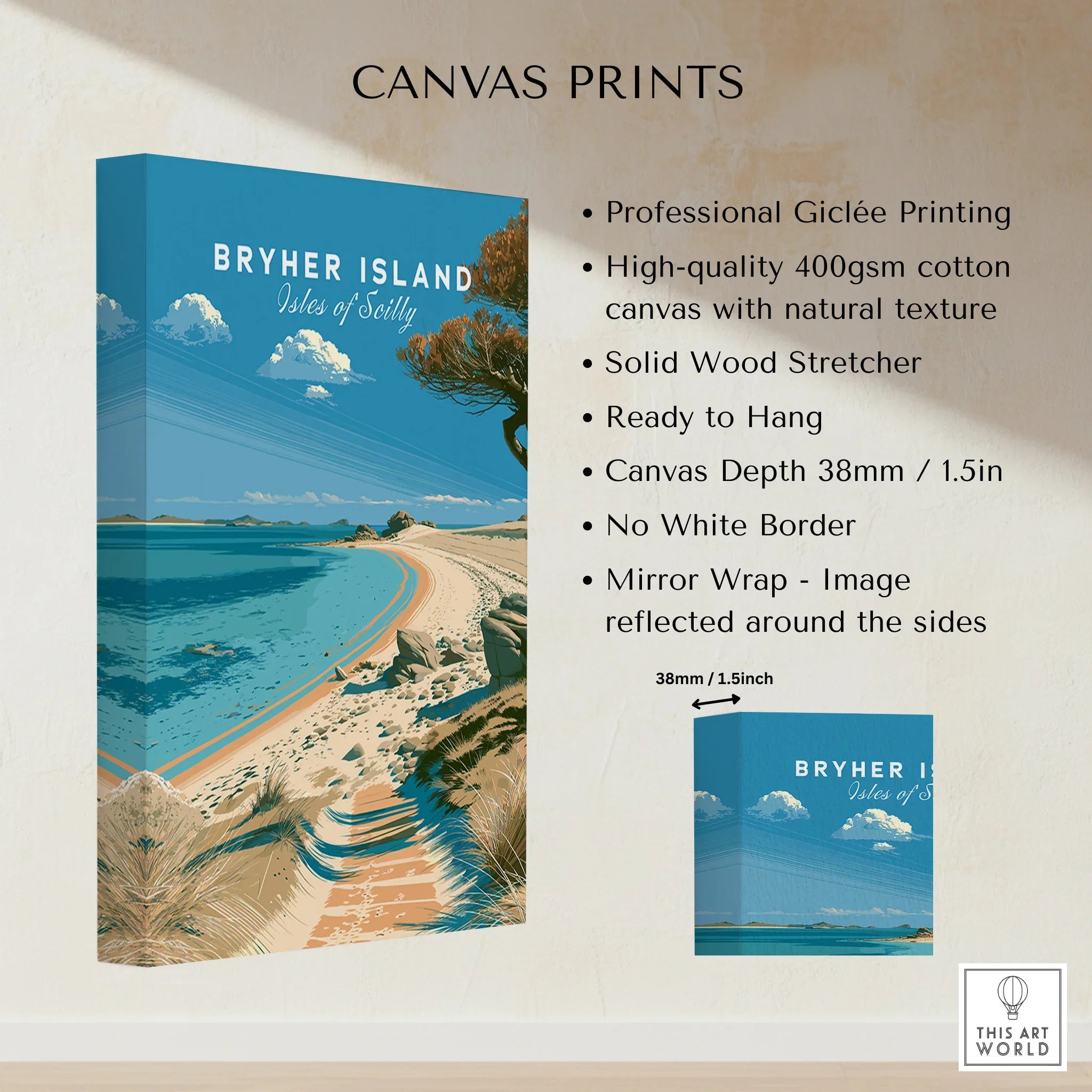 Bryher Isles of Scilly Beach Travel Poster — canvas print stretched cotton canvas details