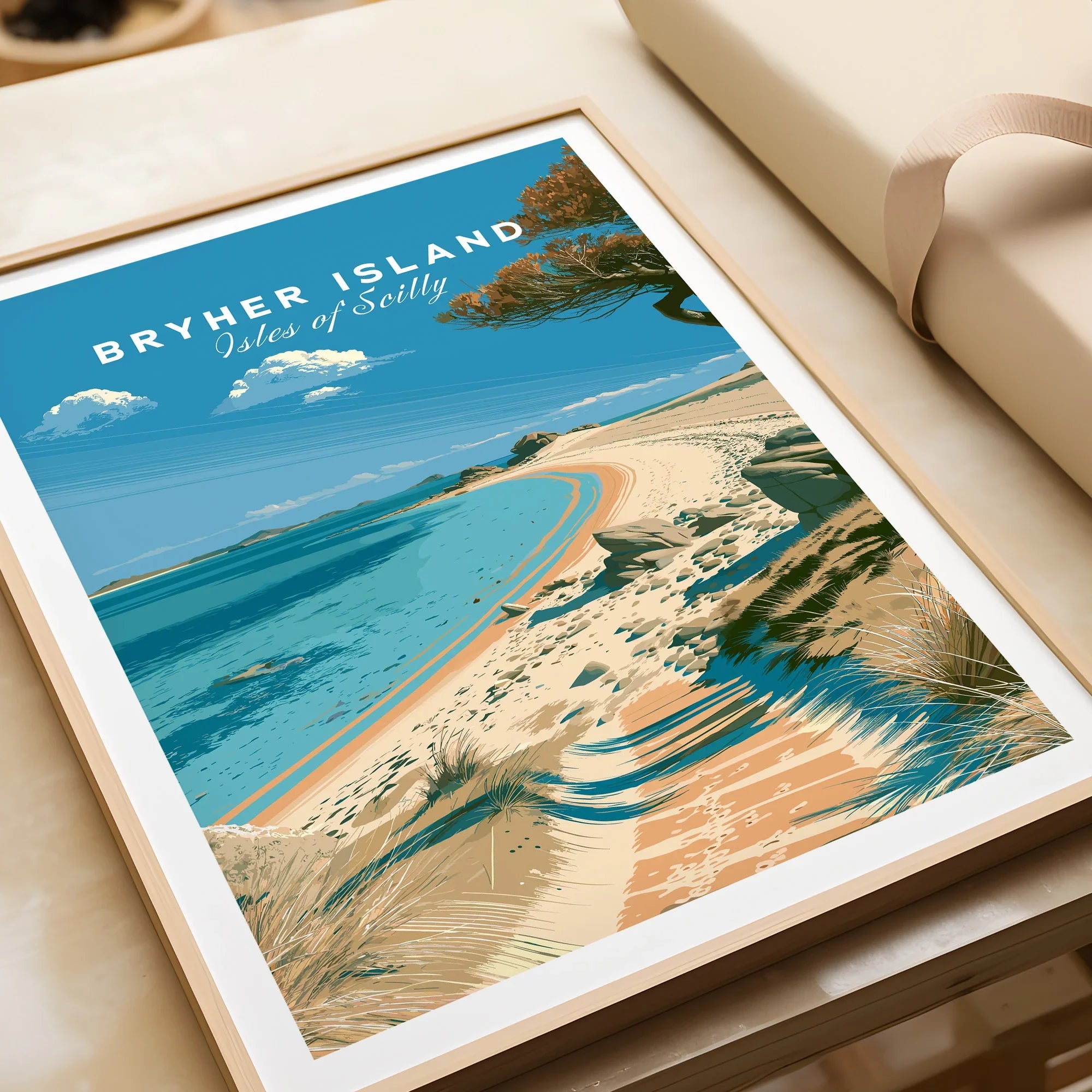 Bryher Isles of Scilly Beach Travel Poster — framed art print closeup gift unwrapped natural frame