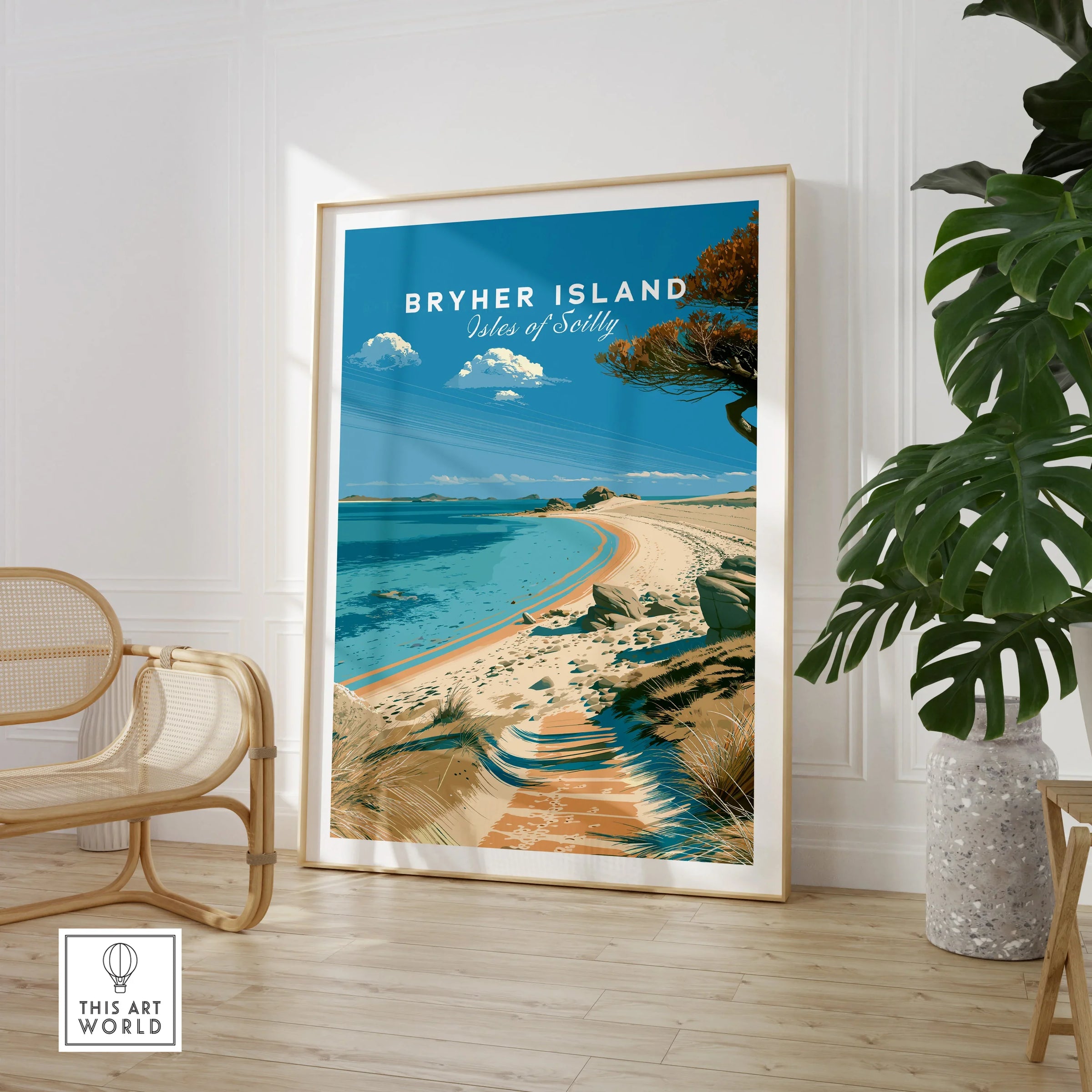 Bryher Isles of Scilly Beach Travel Poster — large framed print room setting chair plant