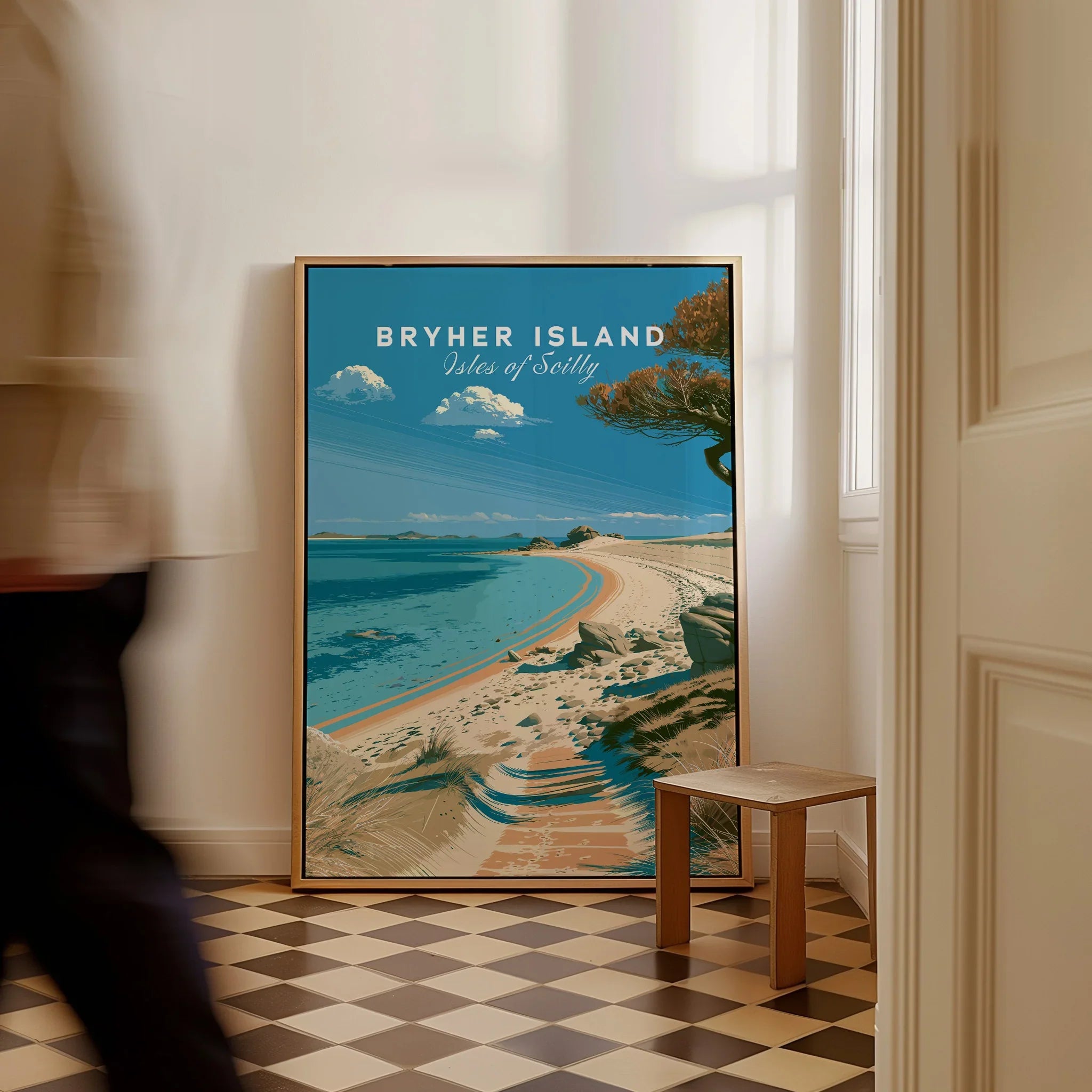 Bryher Isles of Scilly Beach Travel Poster — framed canvas on floor man walking past