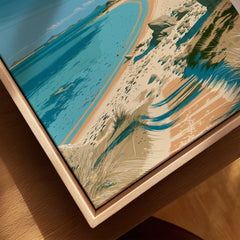 Bryher Isles of Scilly Beach Travel Poster — closeup framed canvas natural wood floating frame