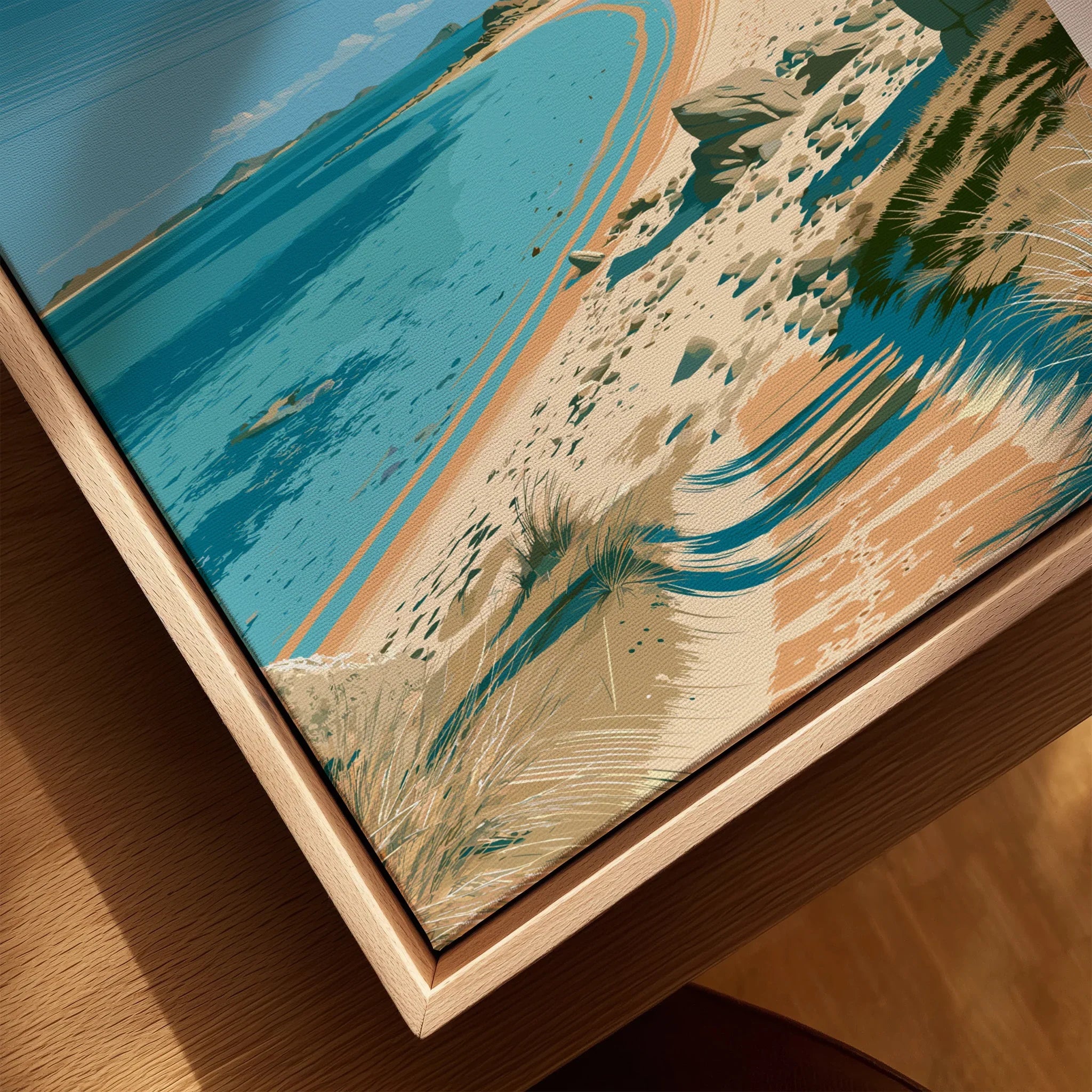 Bryher Isles of Scilly Beach Travel Poster — closeup framed canvas natural wood floating frame