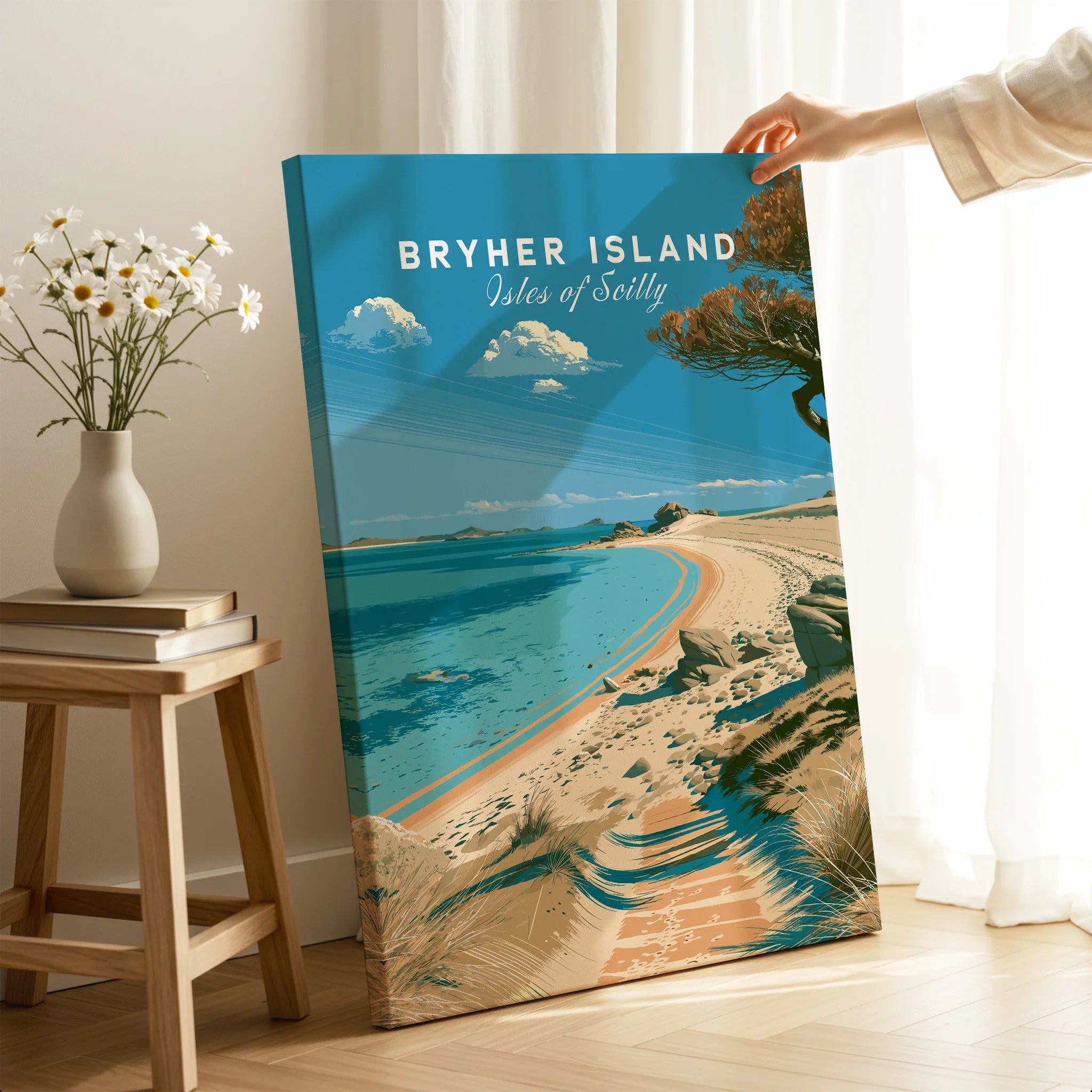 Bryher Isles of Scilly Beach Travel Poster — canvas print mirror edge hand holding room setting