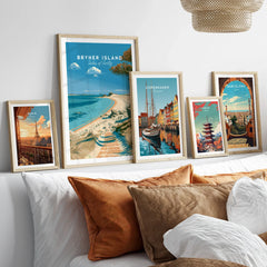 Bryher Isles of Scilly Beach Travel Poster — set five framed artprints above bed natural wood frames