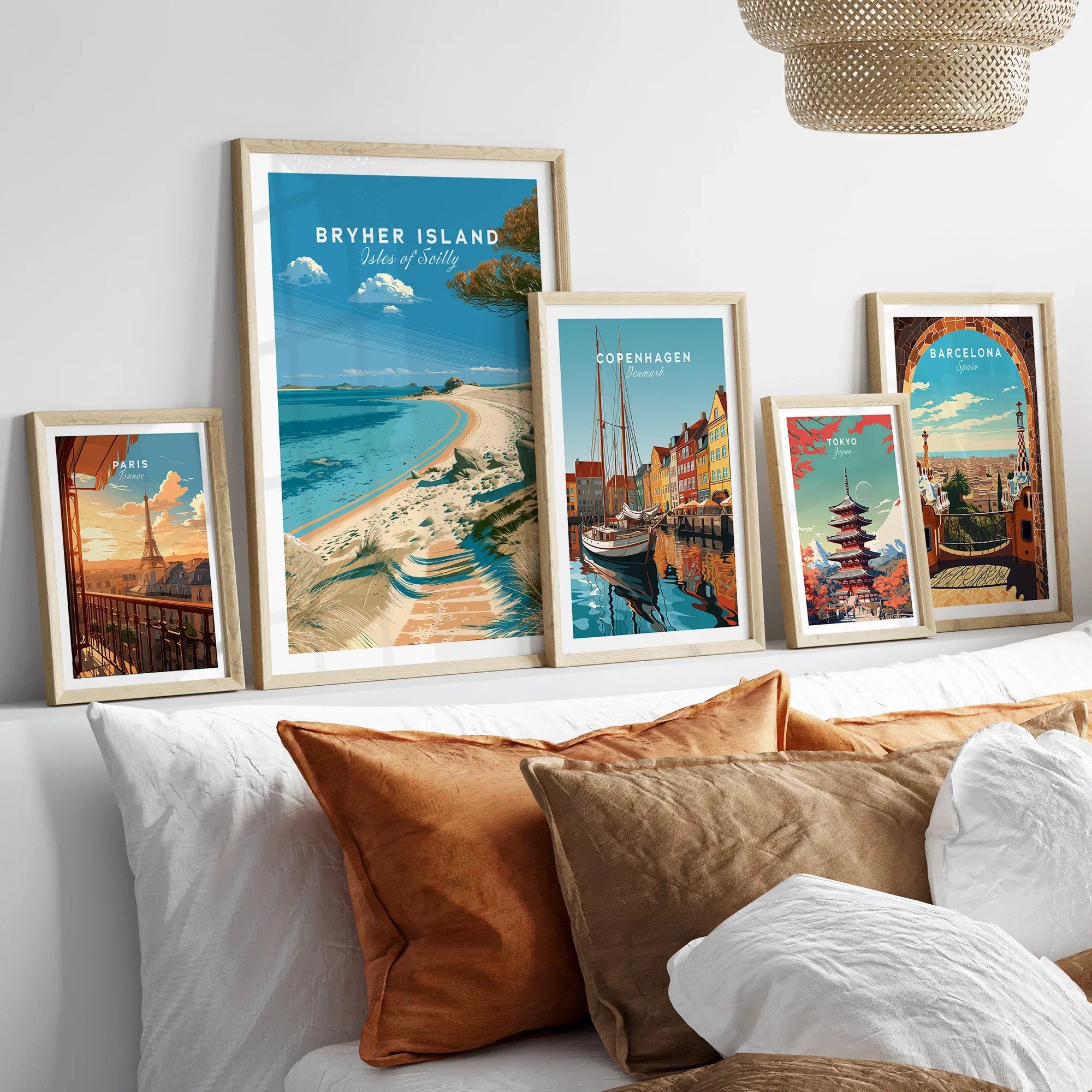 Bryher Isles of Scilly Beach Travel Poster — set five framed artprints above bed natural wood frames