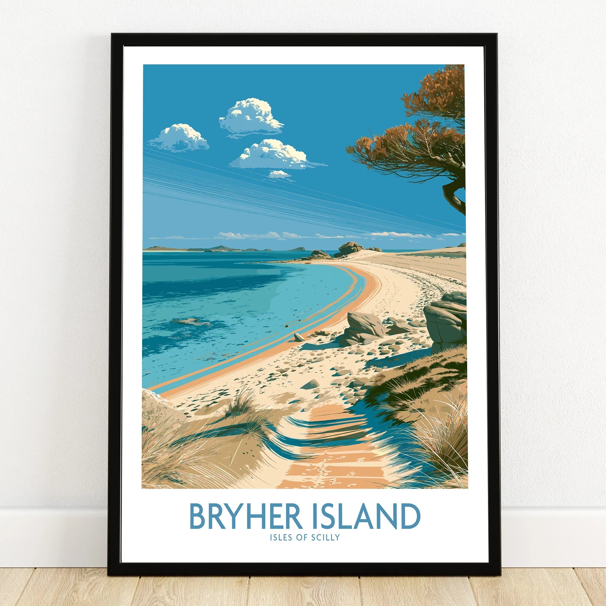 Bryher Isles of Scilly Bay Wall Art — art print in black frame on wooden floor