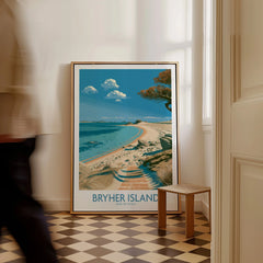 Bryher Isles of Scilly Bay Wall Art — framed canvas on floor man walking past