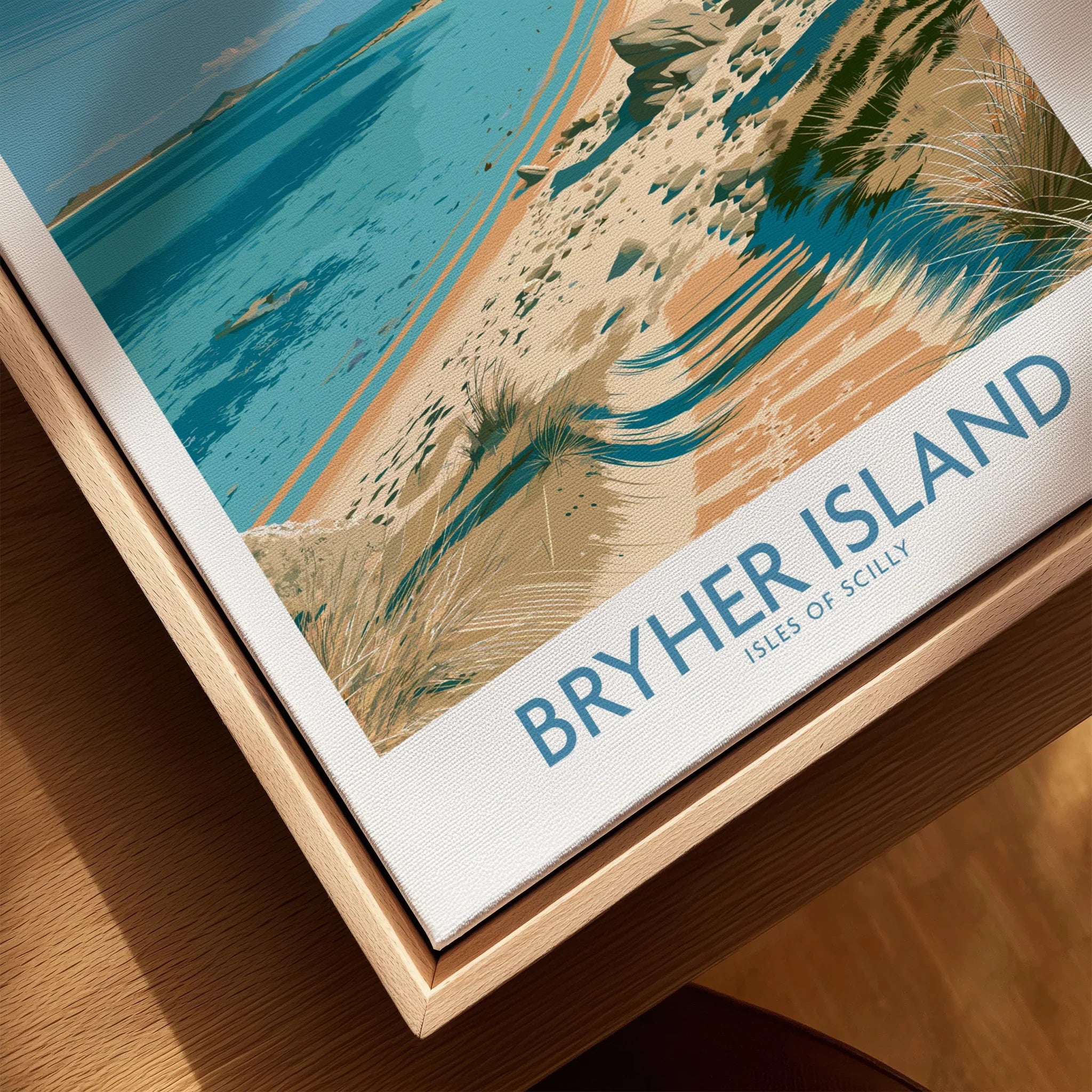 Bryher Isles of Scilly Bay Wall Art — closeup framed canvas natural wood floating frame
