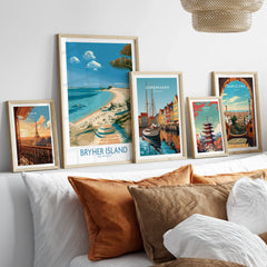 Bryher Isles of Scilly Bay Wall Art — set five framed artprints above bed natural wood frames