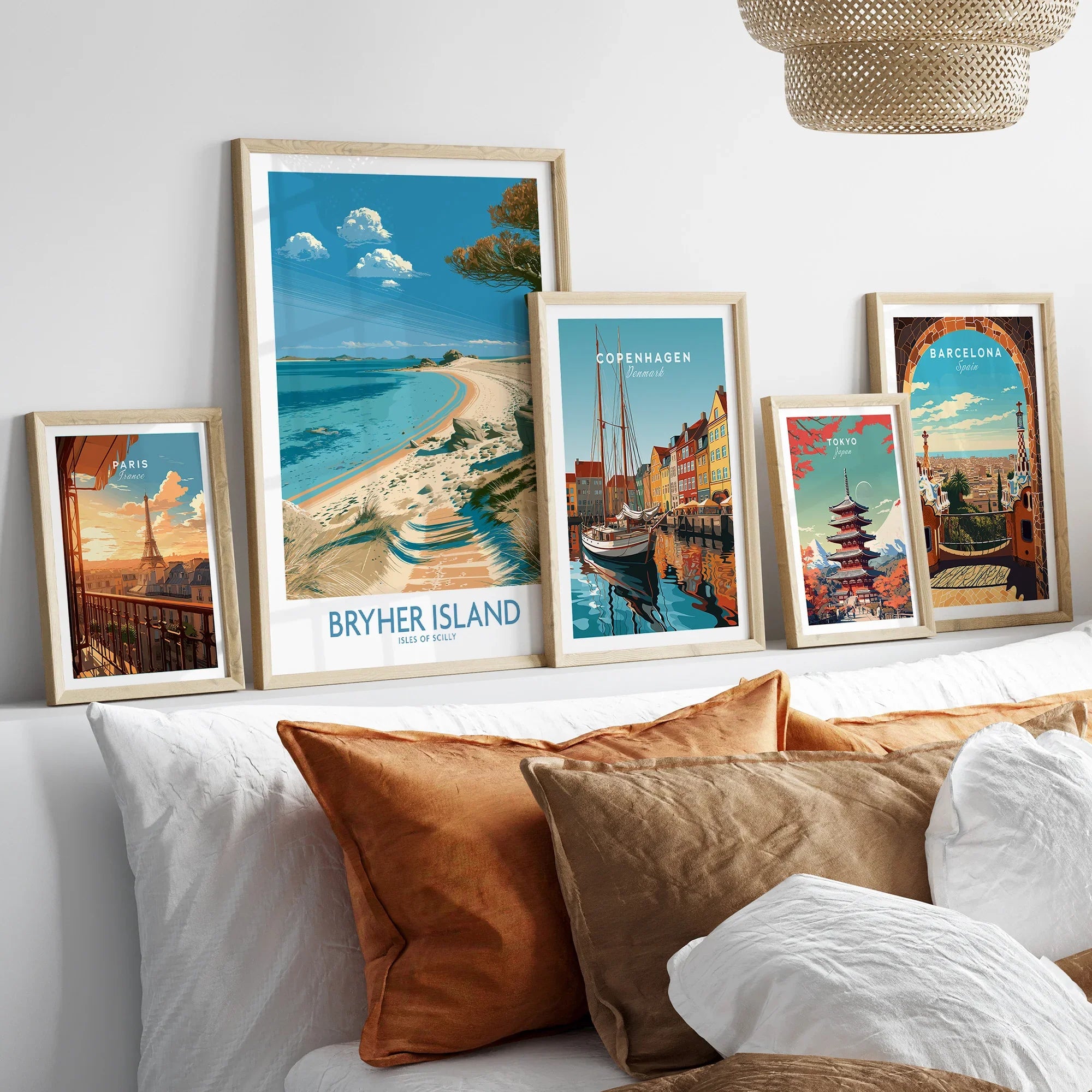 Bryher Isles of Scilly Bay Wall Art — set five framed artprints above bed natural wood frames