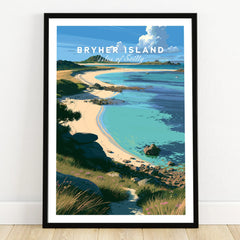 Bryher Isles of Scilly Cove Travel Poster — art print in black frame on wooden floor
