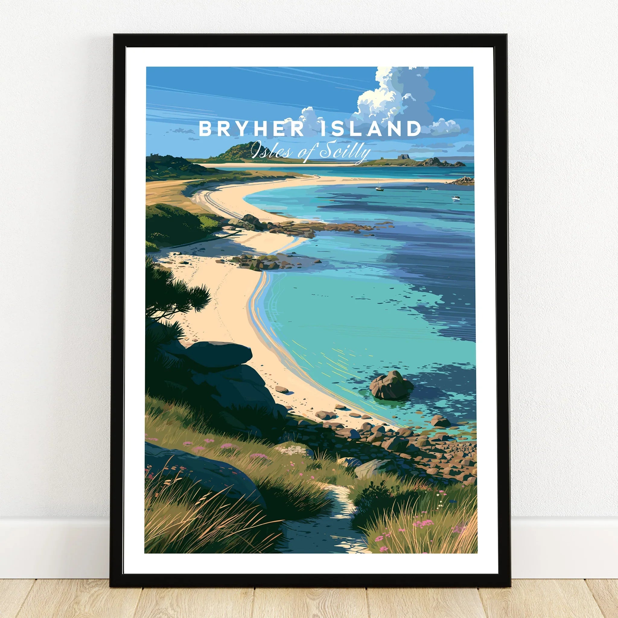 Bryher Isles of Scilly Cove Travel Poster — art print in black frame on wooden floor
