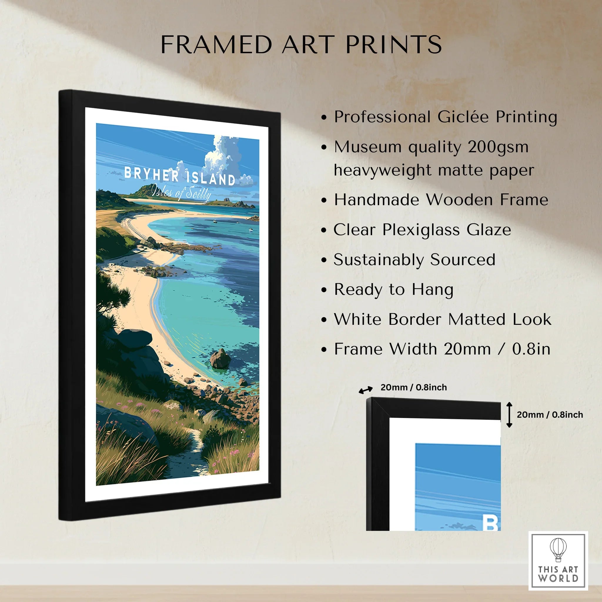 Bryher Isles of Scilly Cove Travel Poster — framed print details measurements quality details