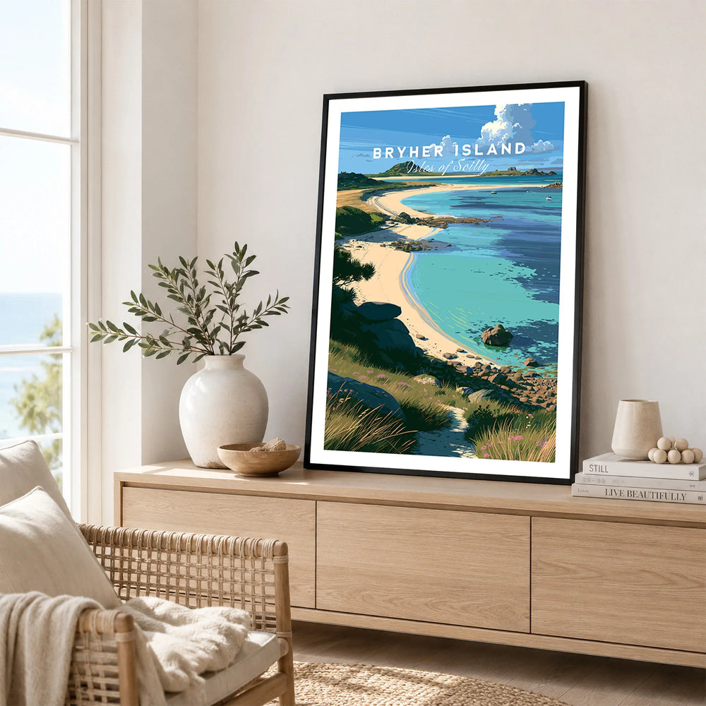 Bryher Isles of Scilly Cove Travel Poster — framed artwork living room lifestyle setting