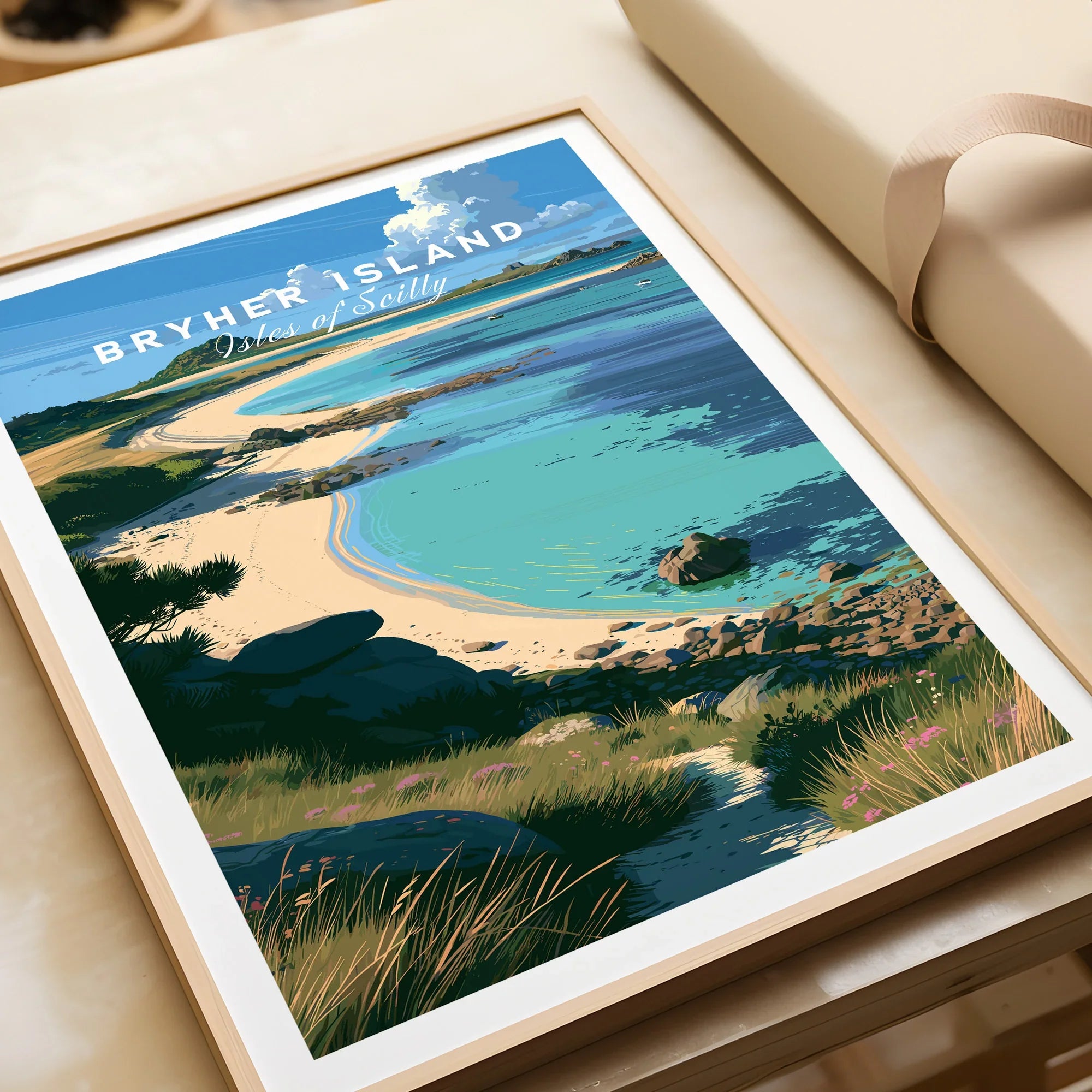 Bryher Isles of Scilly Cove Travel Poster — framed art print closeup gift unwrapped natural frame