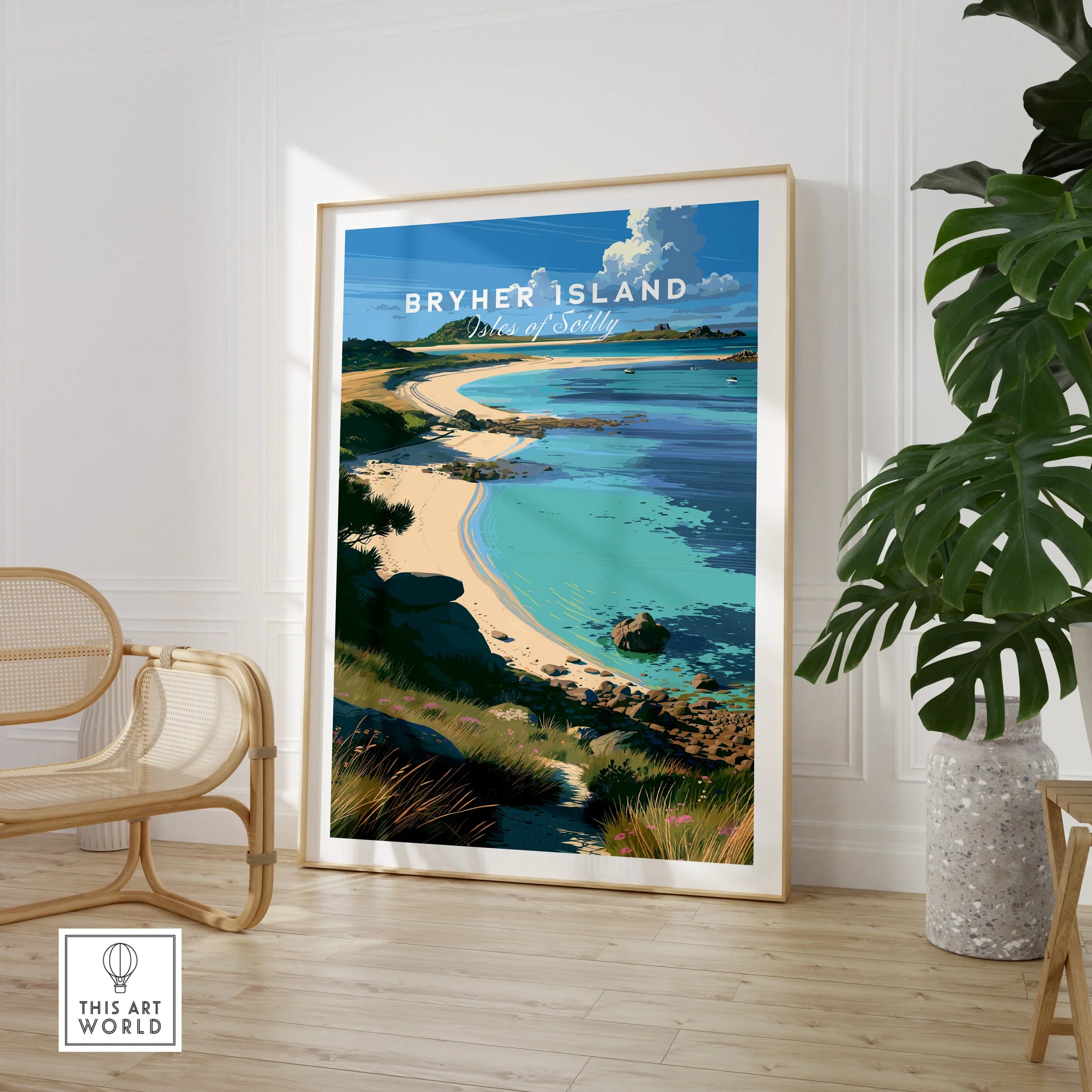 Bryher Isles of Scilly Cove Travel Poster — large framed print room setting chair plant