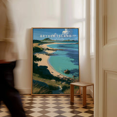 Bryher Isles of Scilly Cove Travel Poster — framed canvas on floor man walking past