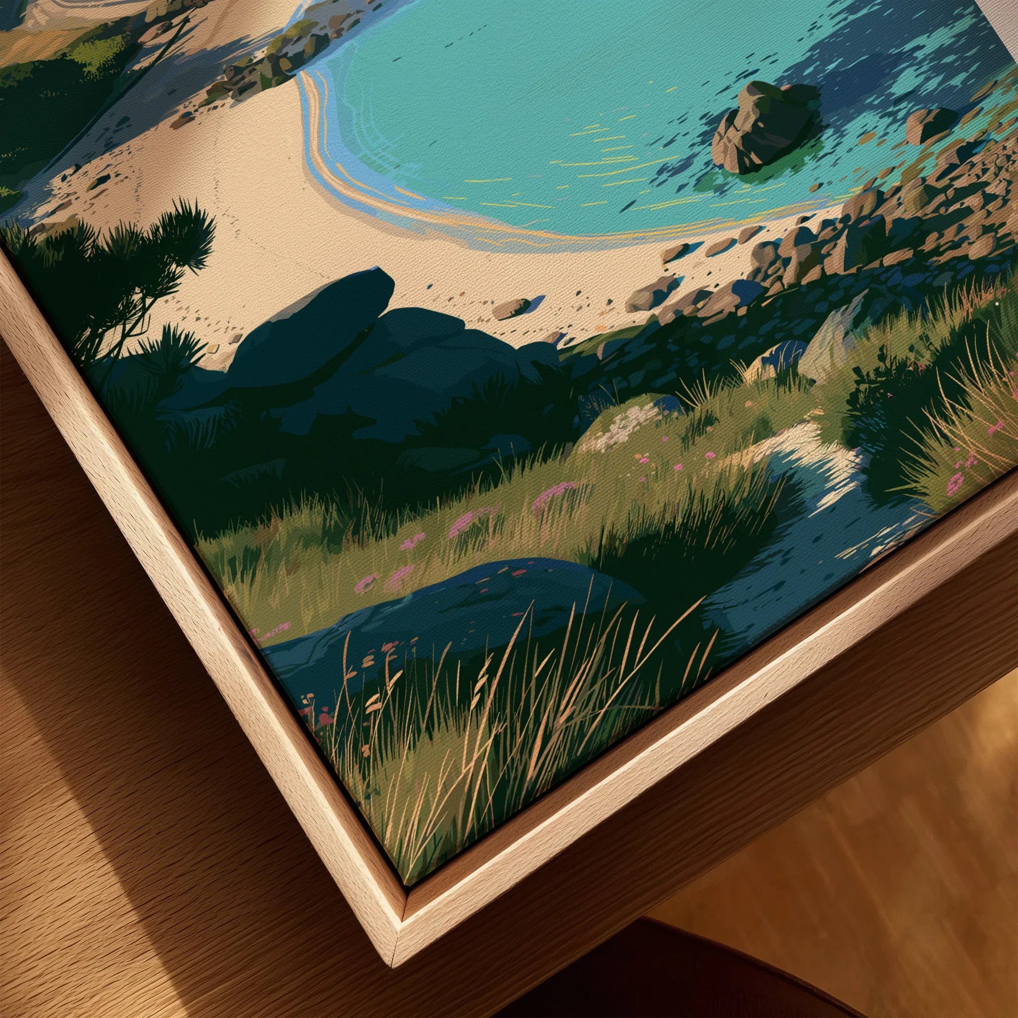 Bryher Isles of Scilly Cove Travel Poster — closeup framed canvas natural wood floating frame