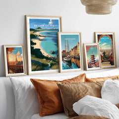 Bryher Isles of Scilly Cove Travel Poster — set five framed artprints above bed natural wood frames