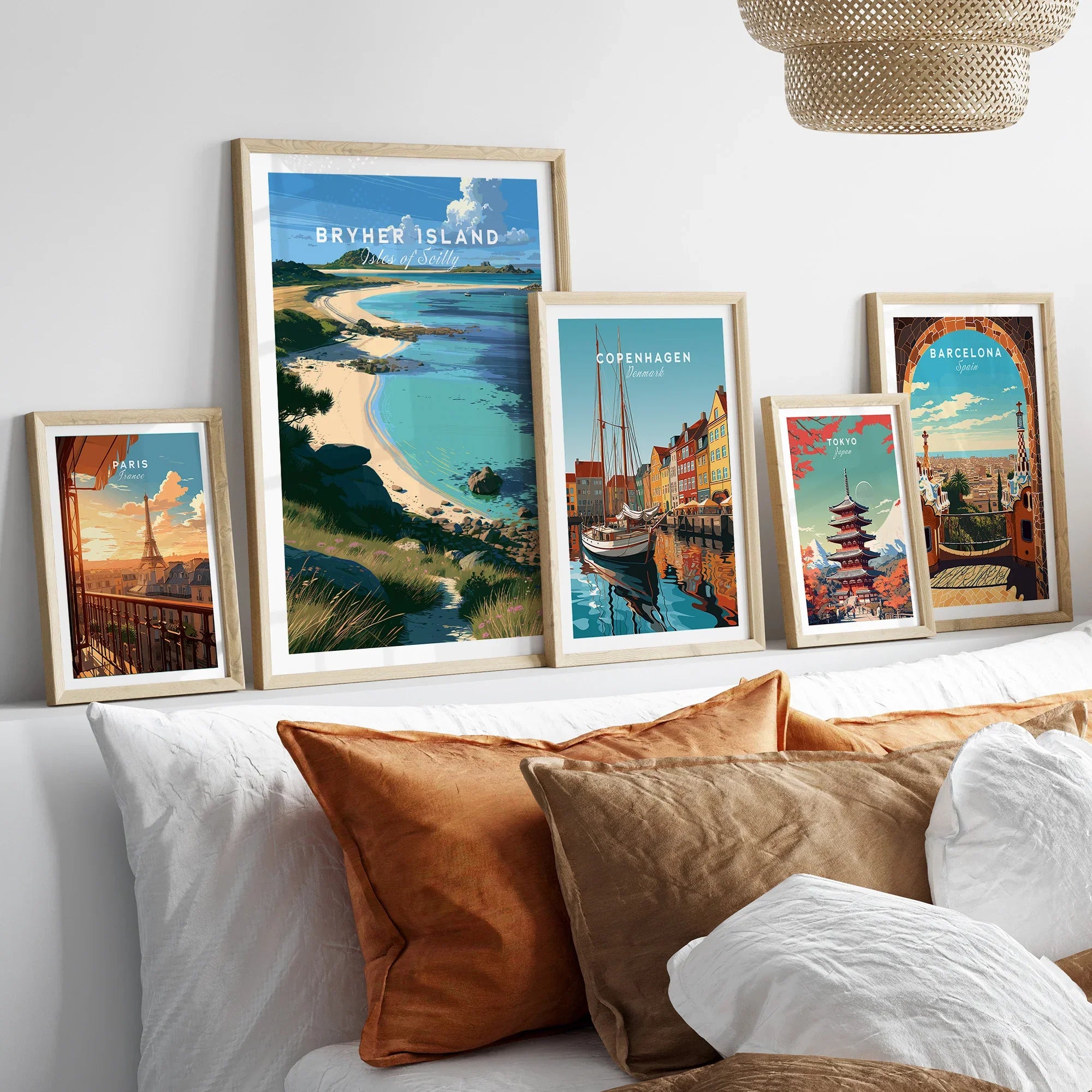 Bryher Isles of Scilly Cove Travel Poster — set five framed artprints above bed natural wood frames