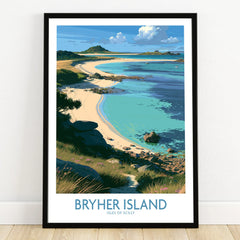 Bryher Isles of Scilly Shore Wall Art — art print in black frame on wooden floor