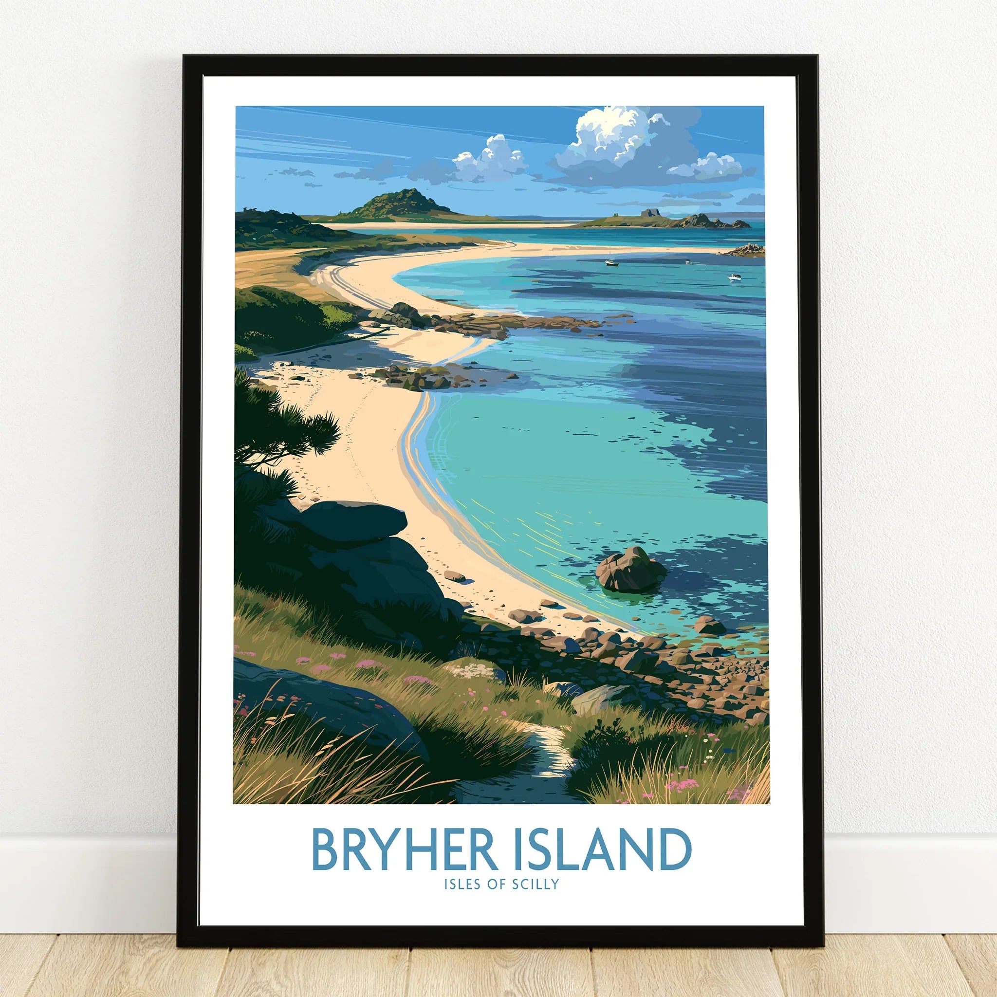 Bryher Isles of Scilly Shore Wall Art — art print in black frame on wooden floor