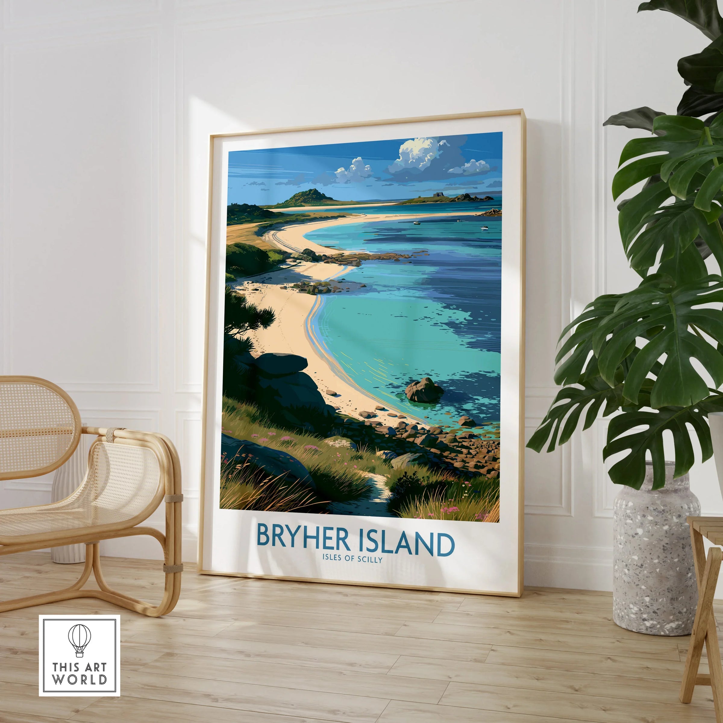 Bryher Isles of Scilly Shore Wall Art — large framed print room setting chair plant