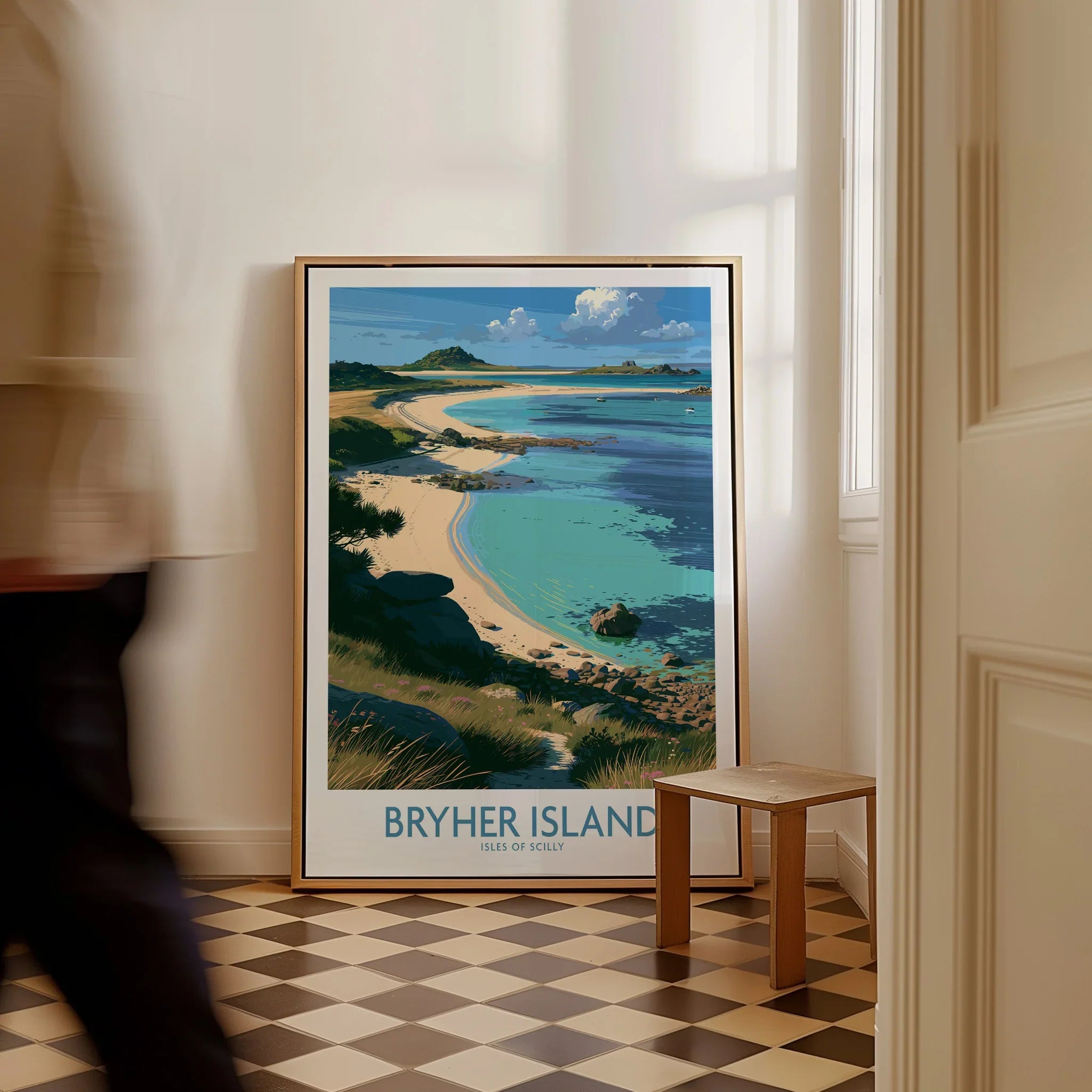 Bryher Isles of Scilly Shore Wall Art — framed canvas on floor man walking past
