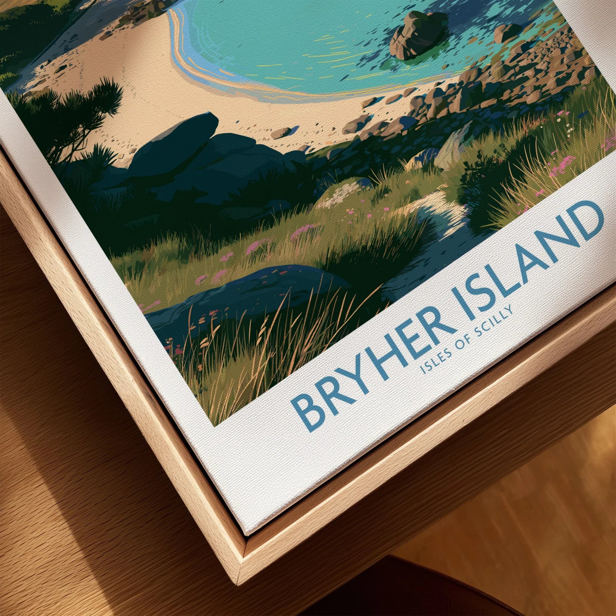 Bryher Isles of Scilly Shore Wall Art — closeup framed canvas natural wood floating frame
