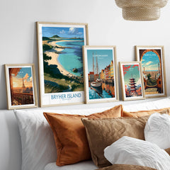 Bryher Isles of Scilly Shore Wall Art — set five framed artprints above bed natural wood frames