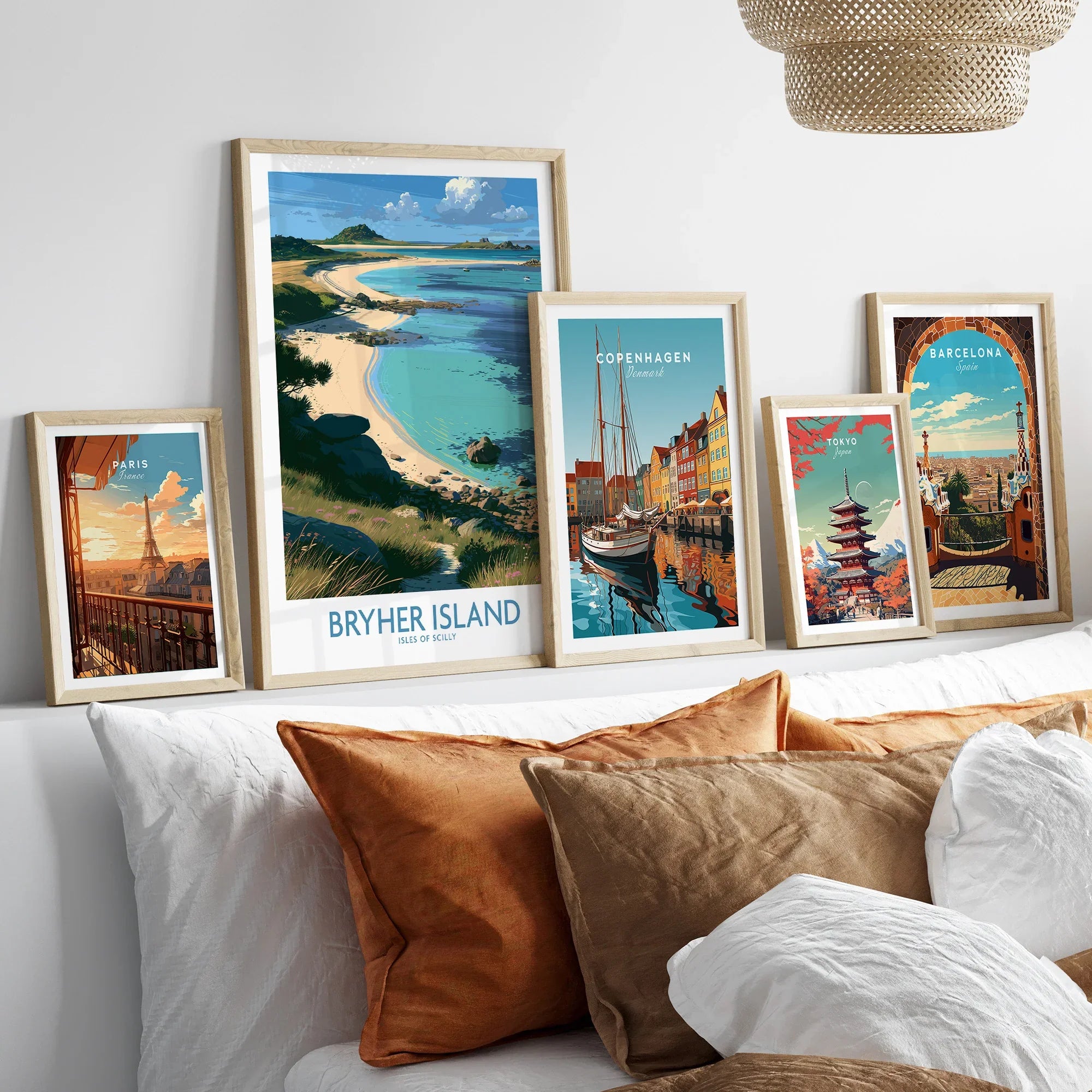 Bryher Isles of Scilly Shore Wall Art — set five framed artprints above bed natural wood frames