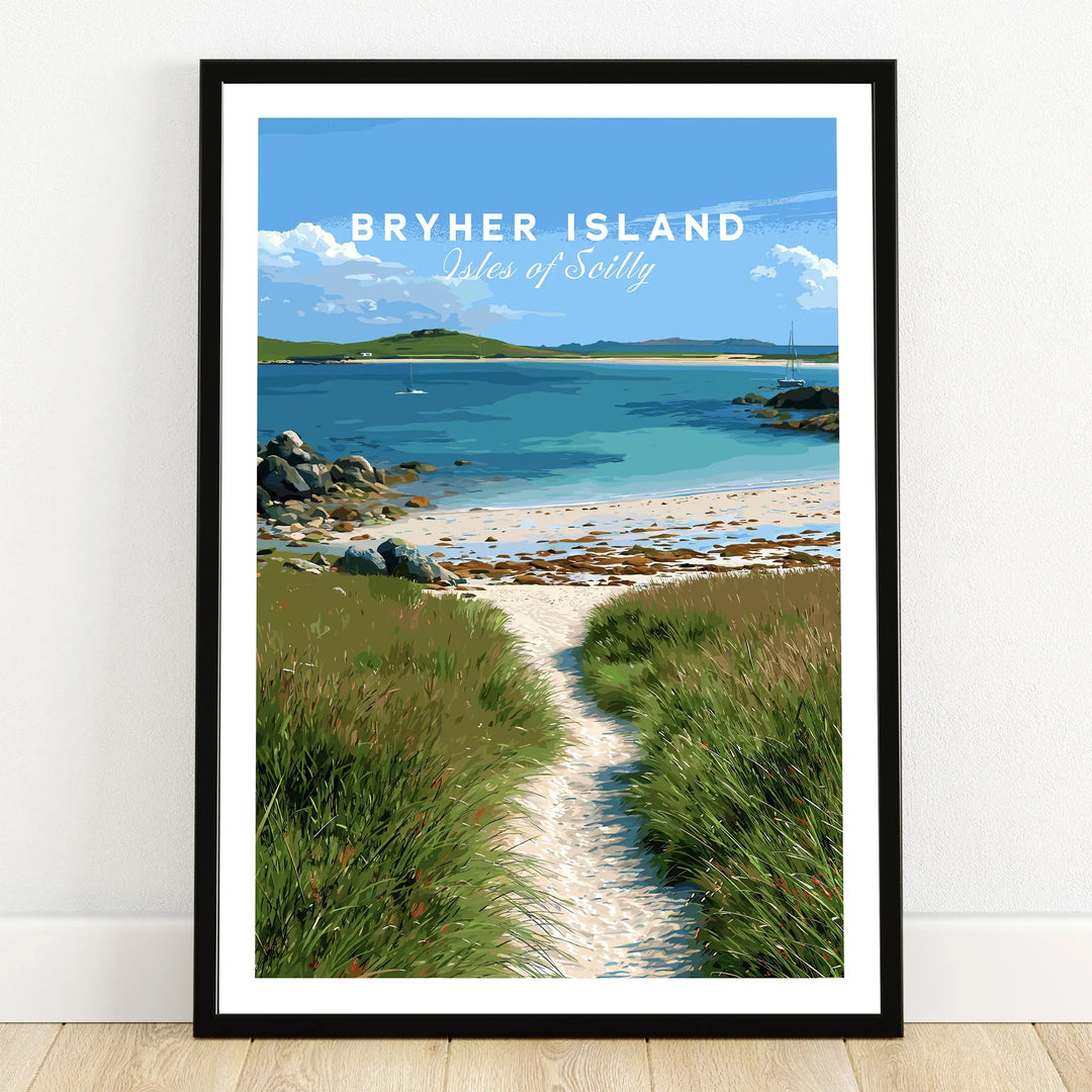 Bryher Isles of Scilly Coast Path Travel Poster — art print in black frame on wooden floor