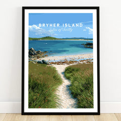 Bryher Isles of Scilly Coast Path Travel Poster — art print in black frame on wooden floor