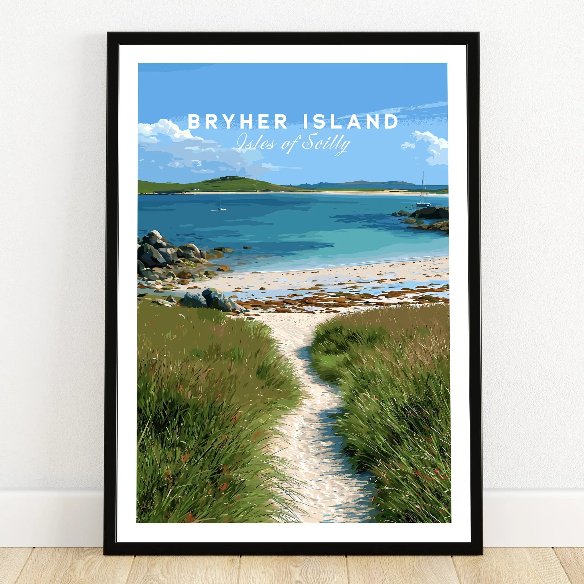 Bryher Isles of Scilly Coast Path Travel Poster — art print in black frame on wooden floor