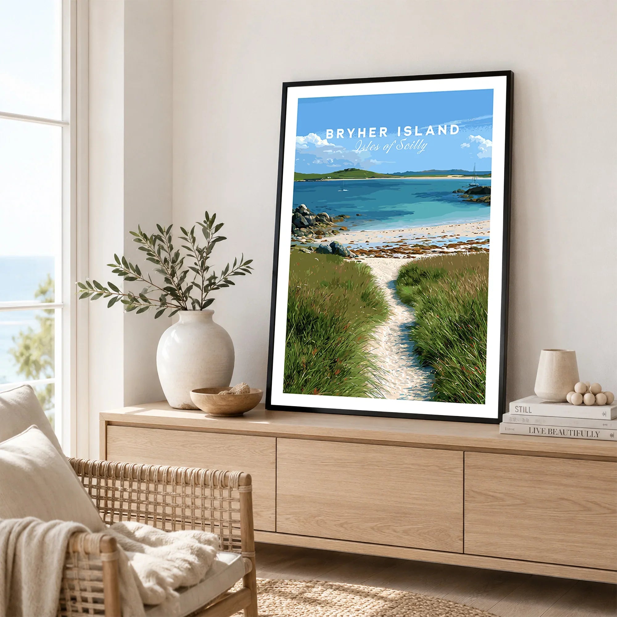Bryher Isles of Scilly Coast Path Travel Poster — framed artwork living room lifestyle setting