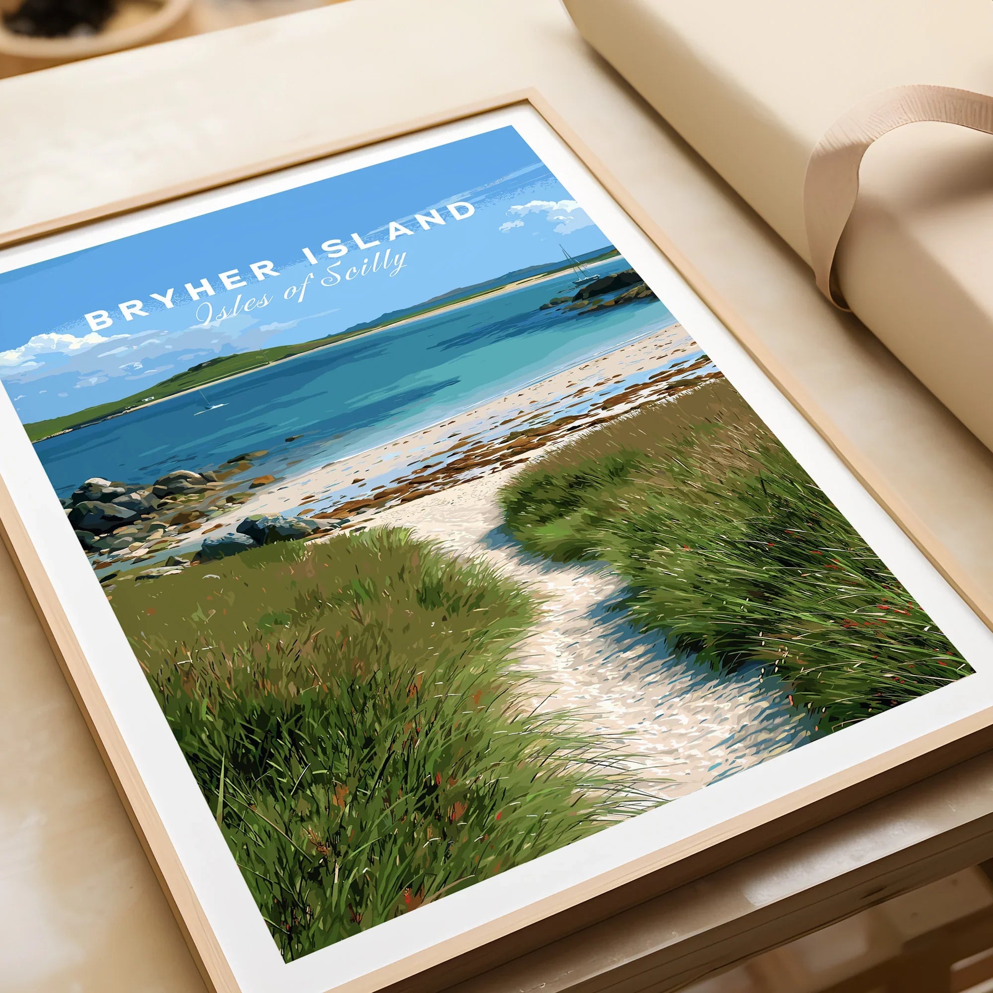 Bryher Isles of Scilly Coast Path Travel Poster — framed art print closeup gift unwrapped natural frame