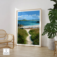 Bryher Isles of Scilly Coast Path Travel Poster — large framed print room setting chair plant