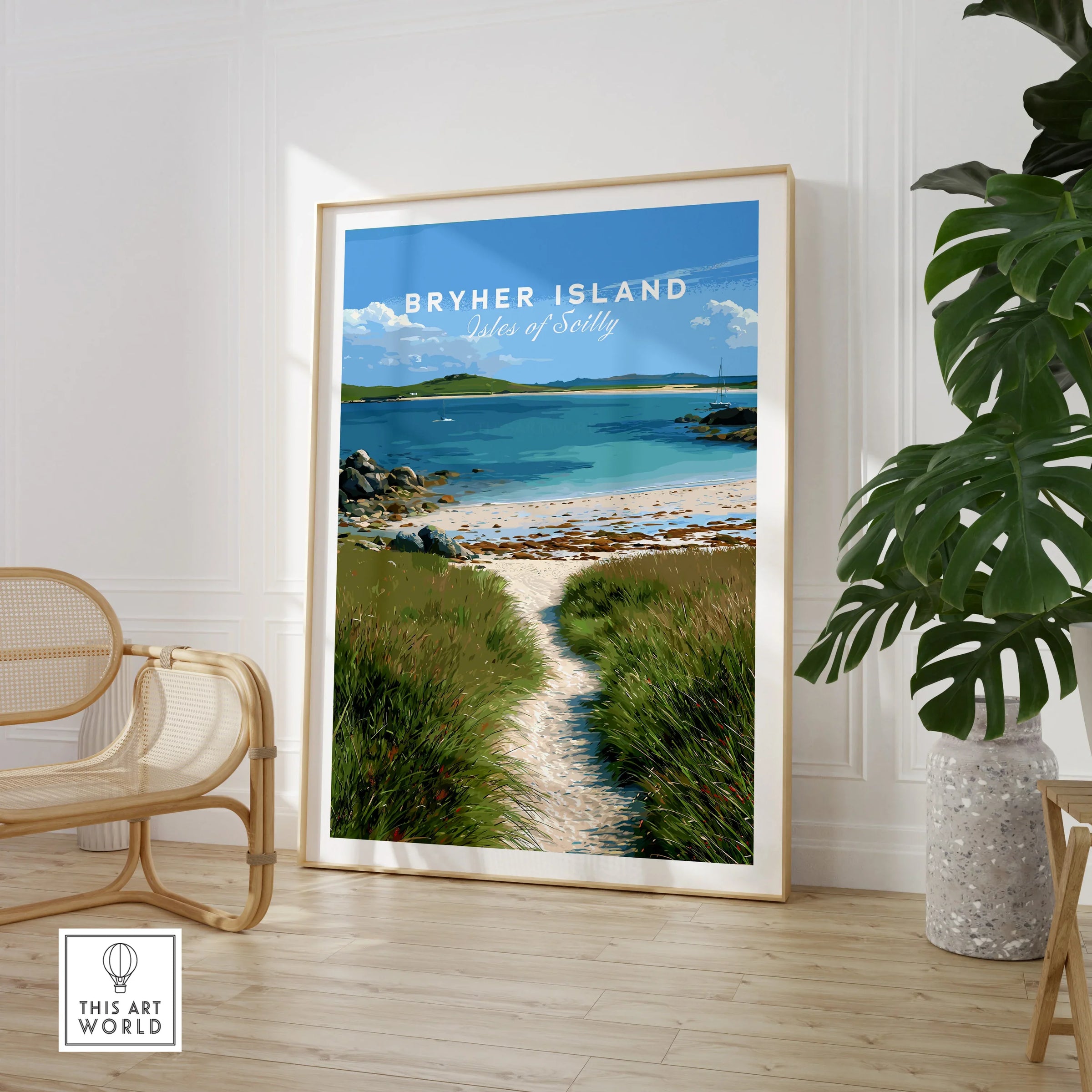 Bryher Isles of Scilly Coast Path Travel Poster — large framed print room setting chair plant
