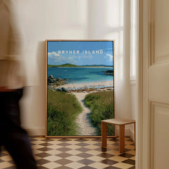 Bryher Isles of Scilly Coast Path Travel Poster — framed canvas on floor man walking past