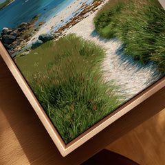 Bryher Isles of Scilly Coast Path Travel Poster — closeup framed canvas natural wood floating frame
