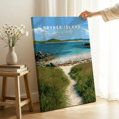 Bryher Isles of Scilly Coast Path Travel Poster — canvas print mirror edge hand holding room setting