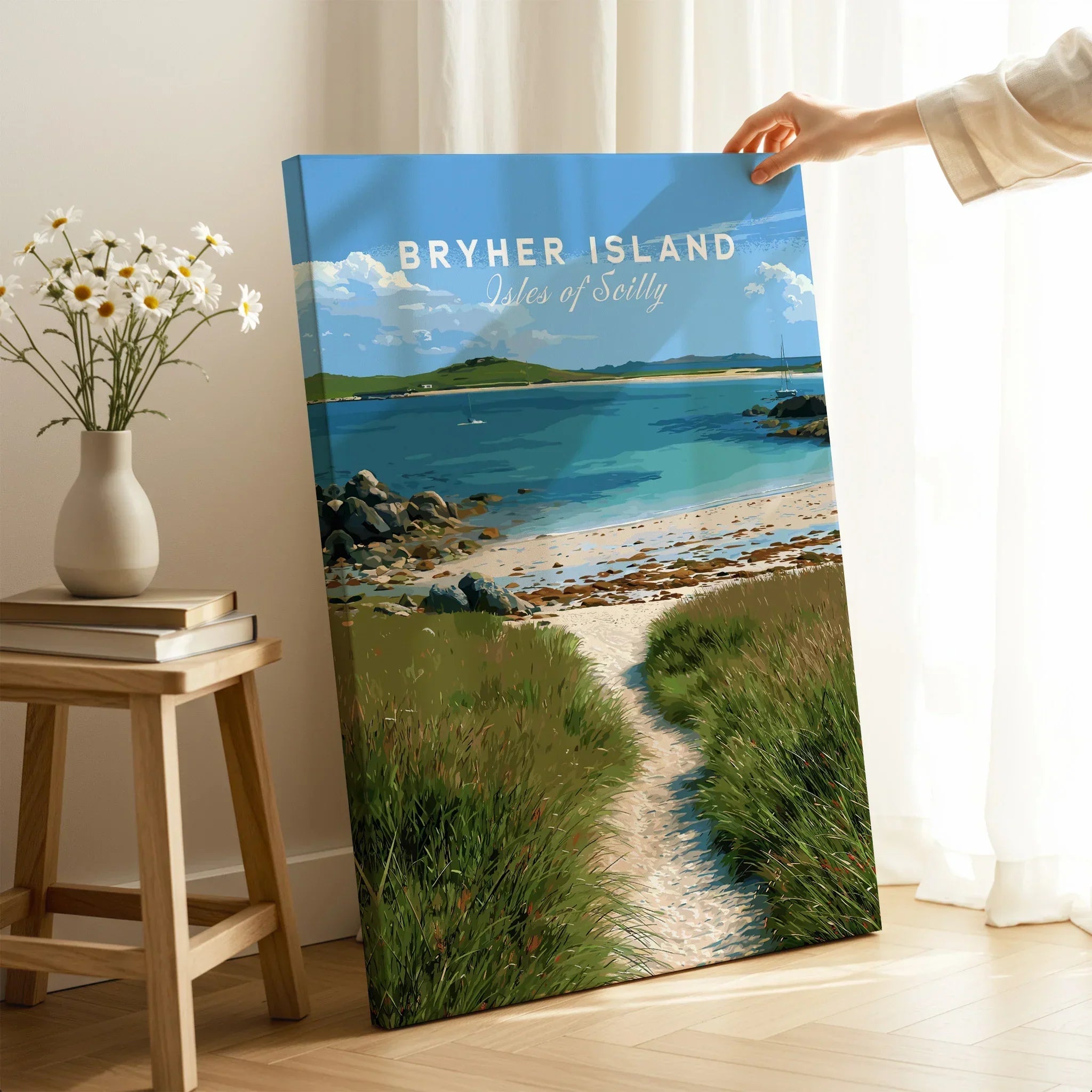 Bryher Isles of Scilly Coast Path Travel Poster — canvas print mirror edge hand holding room setting