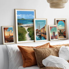 Bryher Isles of Scilly Coast Path Travel Poster — set five framed artprints above bed natural wood frames