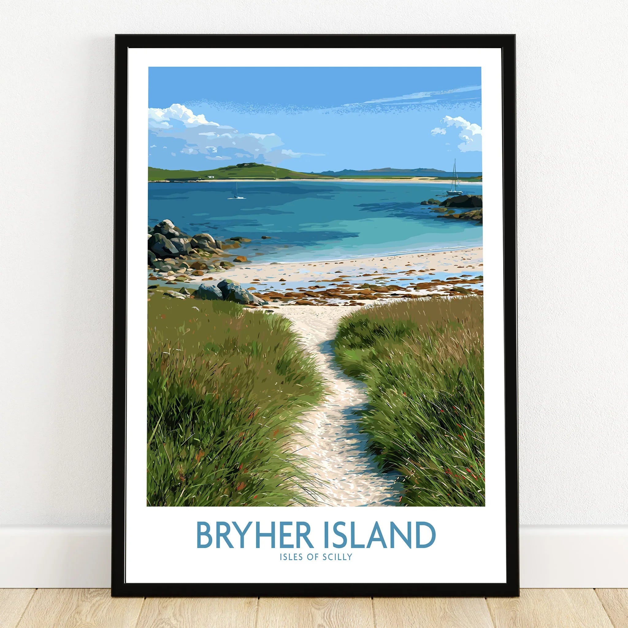 Bryher Isles of Scilly Sailboats Wall Art — art print in black frame on wooden floor
