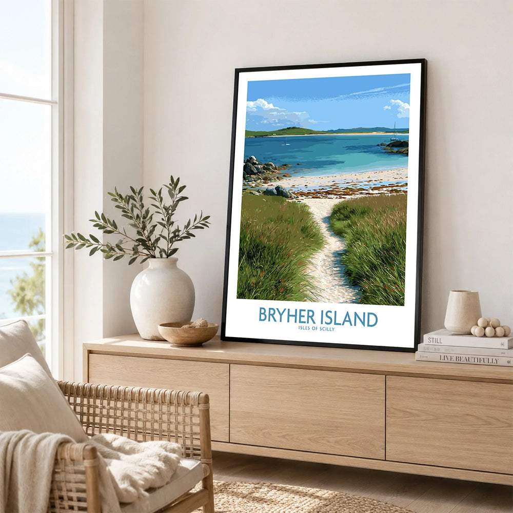 Bryher Isles of Scilly Sailboats Wall Art — framed artwork living room lifestyle setting