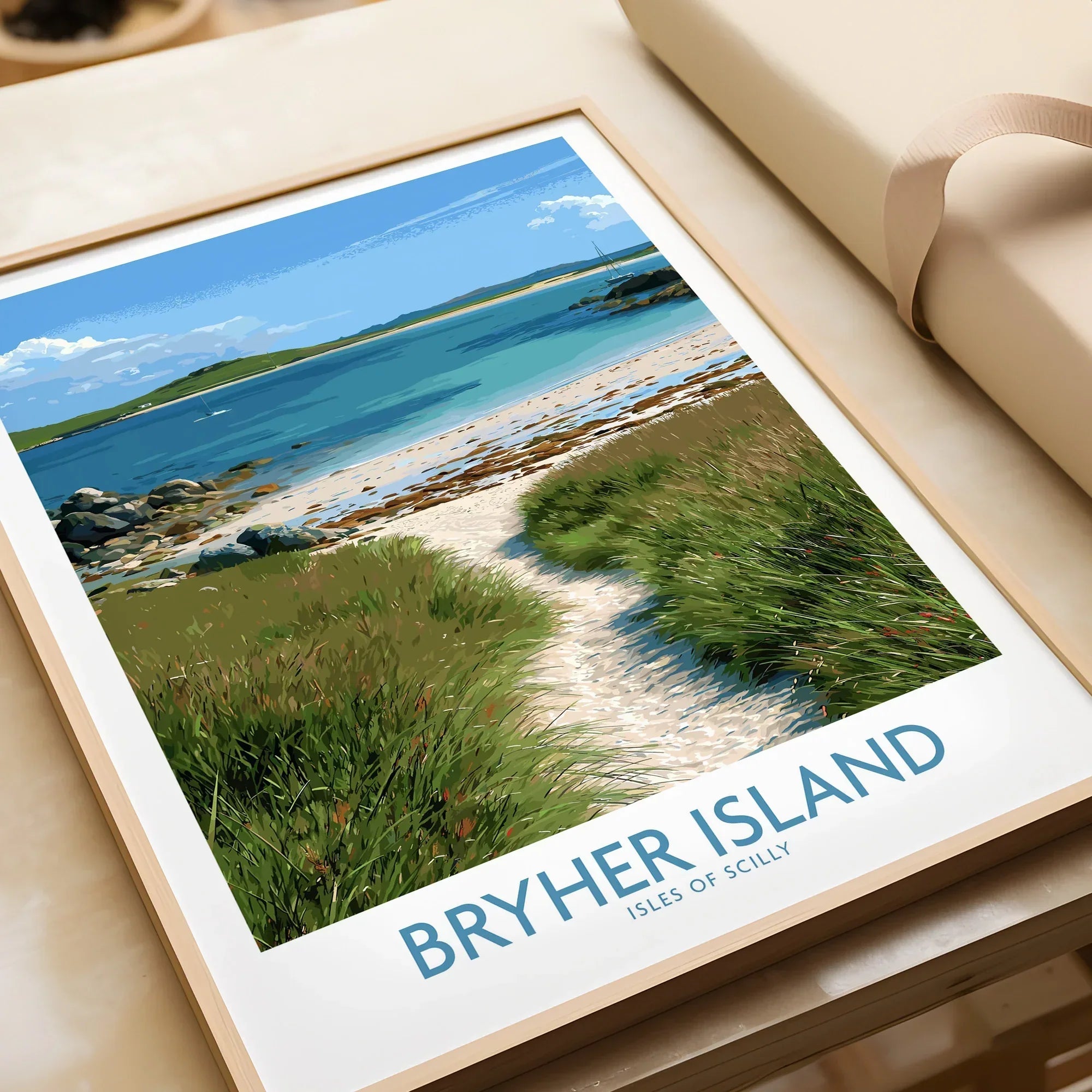 Bryher Isles of Scilly Sailboats Wall Art — framed art print closeup gift unwrapped natural frame
