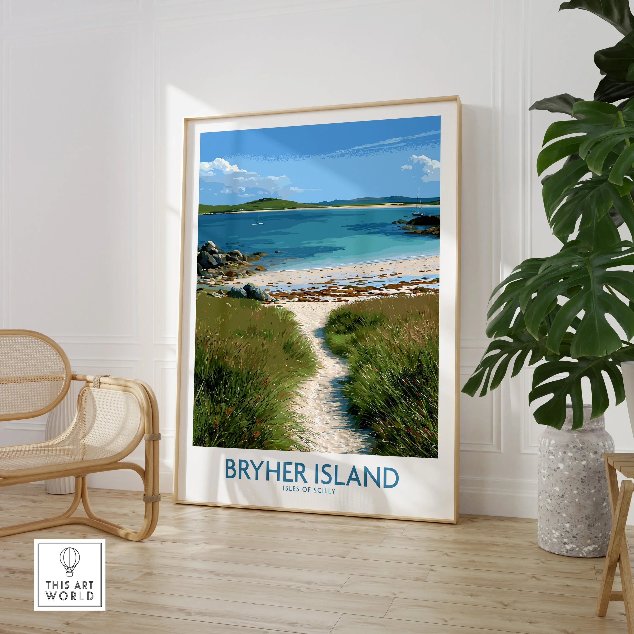 Bryher Isles of Scilly Sailboats Wall Art — large framed print room setting chair plant